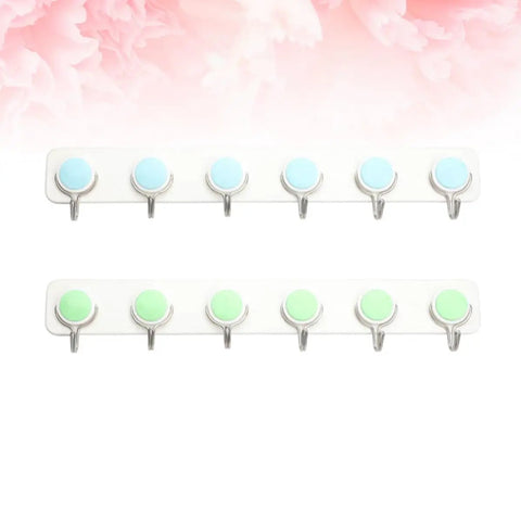 Heavy Duty Reversible Peel and Stick Wall Hooks 2 Pack Stainless Steel Coat Rack Organizer with 6 Hooks Each Swivel Flip 180 Degrees for Mudroom Bathroom Kitchen and Closets, featuring blue and green hooks.