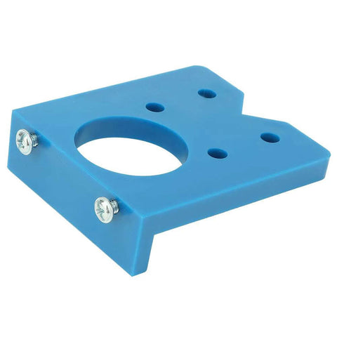 Front view of blue metal 35mm hinge drilling jig with large central bore and multiple guide holes.