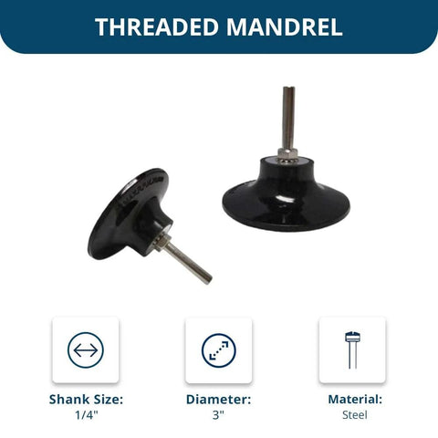 Front view of Benchmark Abrasives 3-inch sanding pad holder with 1/4-inch shank, steel; two-piece mandrel set