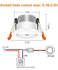 Diagram of 2 Inch LED Recessed Lighting Kit Dimmable Downlight Warm White 3000K CRI80 Retrofit Round Ceiling Lights installation size.