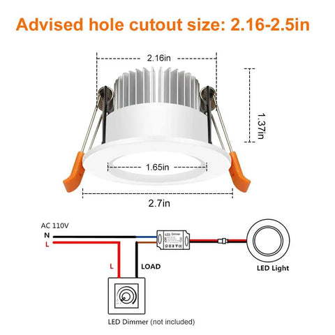 Diagram of 2 Inch LED Recessed Lighting Kit Dimmable Downlight Warm White 3000K CRI80 Retrofit Round Ceiling Lights installation size.