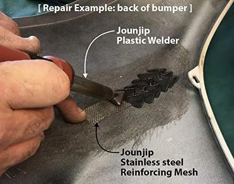 Using stainless steel reinforcing mesh for thermoplastic bumper repairs with plastic welder, 5x8.75 inch.
