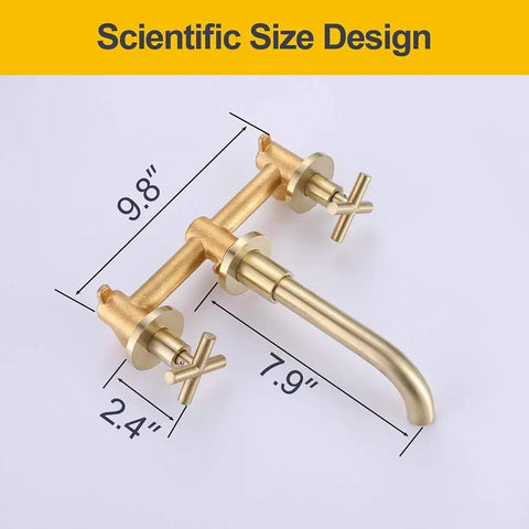 Wall Mounted Brushed Gold Bathroom Sink Faucet With Solid Brass Construction 360 Swivel Tub Spout Double Cross Handles
