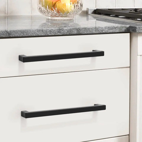 Snag This Heavy Duty Matte Black Square Cabinet Pulls 30 Pack Featuring Premium Stainless Steel Drawer Handles And Exact 5 Inch Hole Center For Quick Upgrade on white cabinetry.