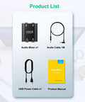 Package contents of Dope 2 Channel Stereo Audio Mixer With Metal Shell And AUX, includes audio cable, USB cable, manual.