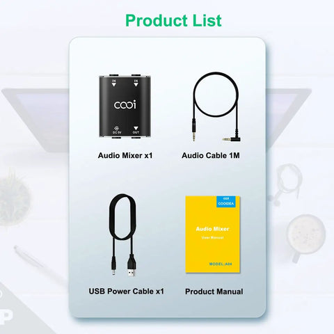 Package contents of Dope 2 Channel Stereo Audio Mixer With Metal Shell And AUX, includes audio cable, USB cable, manual.