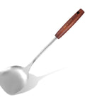 Wok spatula with stainless steel head and wooden handle, 14.17 inches long, side view.