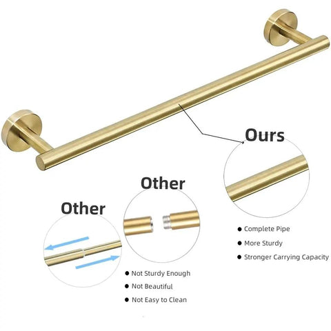 Gold Bathroom Hardware Set With Toilet Paper Holder 24 Inch Towel Bar Towel Ring Robe Hook 4 Piece Wall Mount Kit Brushed Gold Finish Stainless Steel Rust Resistant Modern Durable Bathroom Accessories For Stylish Homes Must Have showing a sturdy towel bar design with close-up detail.