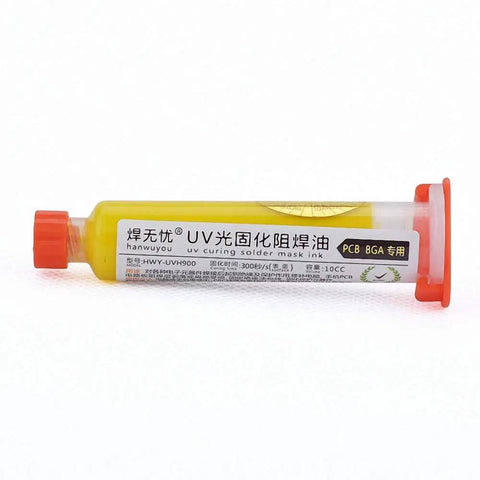 Yellow UV Soldering Paste Flux 10cc syringe for PCB BGA circuit boards with a push needle, ideal for rework and repairs.