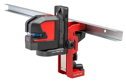 Knockout Green Beam Cross Line Laser Level For Hella Visible Layout Marks And Super Sharp Wall Grids With Effortless Drywall Tiling Setup On Tough Jobs mounted on a metal track.