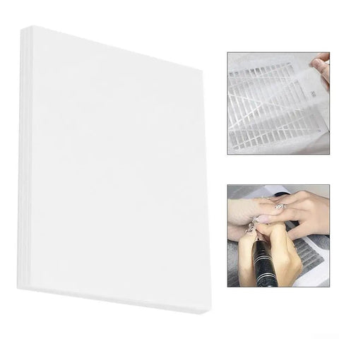 100 Pack Disposable Nonwoven Filter Cloths For Nail Vacuum Cleaners in white, shown in use for dust collection during manicure.