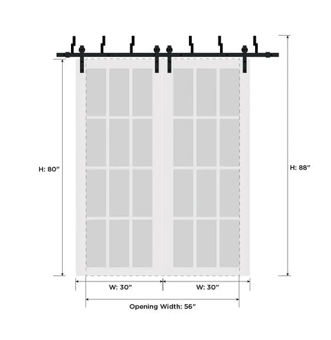 Frosted Glass Sliding Closet Barn Bypass Doors With Hardware And Heavy Duty 6.6 Ft Rails For Modern Wood Wardrobe In Chocolate Ash 60 By 96 Inches Includes Two 30 By 96 Panels Floor Guides Hangers And Stops, front view diagram with dimensions.