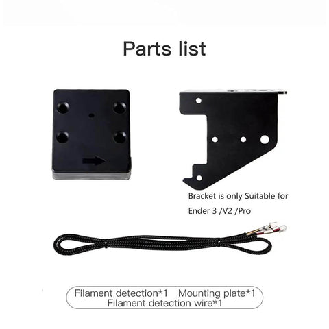 Smart Filament Runout Sensor parts list for 3D Printers, featuring detection module, mounting plate, and wire for Ender models.