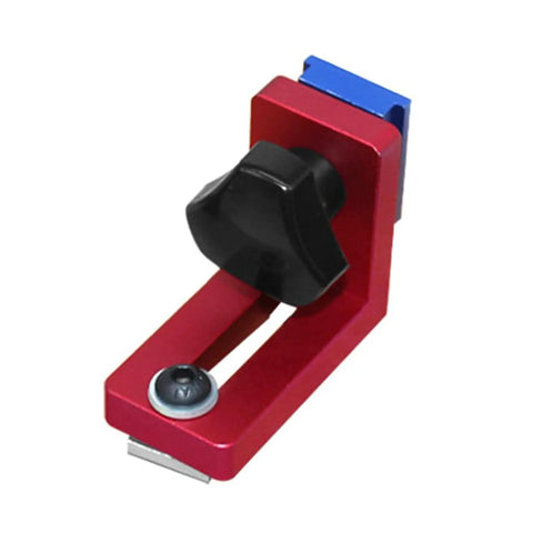 Red and black Miter Stop For T Slot Tracks And T Track Gauges Pro Grade Precision Woodworking Guide Block with ergonomic grip