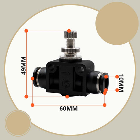 Triple Pack 10 Millimeter Tube OD Air Flow Control Valves For Pneumatic Systems And Machinery PSA-010 Straight Union Push To Connect Fitting Regulator Speed Controller Kit Bundle product dimensions with measurements visible.
