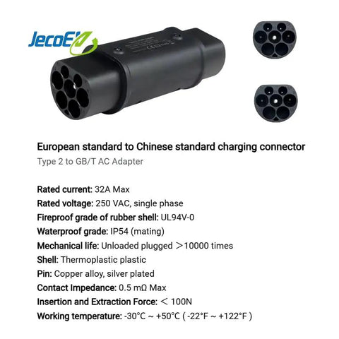 Heavy Duty EV Charger Adapter Type Two To GBT Connector For Chinese Electric Vehicles 32 Amp showing detailed specifications and connectors.