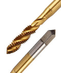 Pro Grade Titanium Spiral Flute Machine Screw Tap Set 9 Pcs Metric M2 to M12 close-up showing spiral and tip design