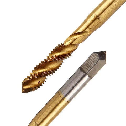 Pro Grade Titanium Spiral Flute Machine Screw Tap Set 9 Pcs Metric M2 to M12 close-up showing spiral and tip design
