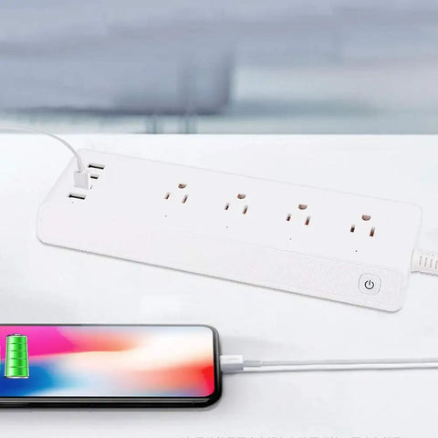 Totally Smooth Smart Power Strip With Four Wall Outlets And Four USB Charging Ports, white design, charging phone visible.