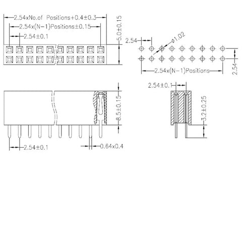 Technical diagram of 2.54mm 2x40 Pin Female Socket Header Kit Dual Row Straight PCB Connector 80 Pins for DIY projects