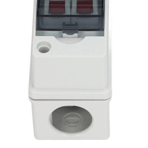 Front view of 16A DC Miniature Circuit Breaker for DIN Rail Mount 2 Pole Leakage Protector in Outdoor Waterproof Distribution Box with Transparent Cover
