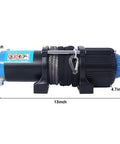 Heavy Duty 3500 Lb 12V Electric Winch With Synthetic Rope And Dual Remote Controls For ATV UTV Boat Trailer Off Road Recovery Jobs That Hit Hard, side view dimensions shown.