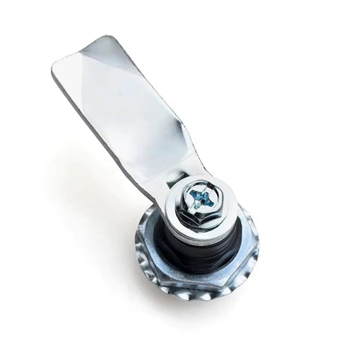 Close-up of Tough Slotted Cylinder Cam Lock For Electrical Panels In Bright Chrome Zinc Alloy Build, Built To Last, Rustproof And Water Resistant Cabinet Lock With Easy Install And Reversible Stop Cam, 1 Pack.