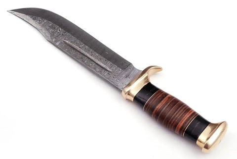 Damascus Steel Bowie Knife With Full Tang Fixed Blade For Tactical Hunting And Camping, Beast Of A Blade, leather-wrapped handle