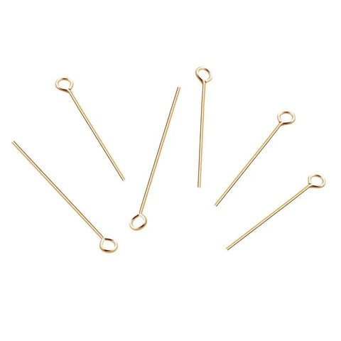 18K Real Gold Plated Eye Pins 21 Gauge 30mm Long, 100 Pack For DIY Jewelry Making, Beading Findings, Durable Craft Supply, Smooth Shine, Tarnish Resistant, Perfect For Earrings And Pendants, gold eye pins on white