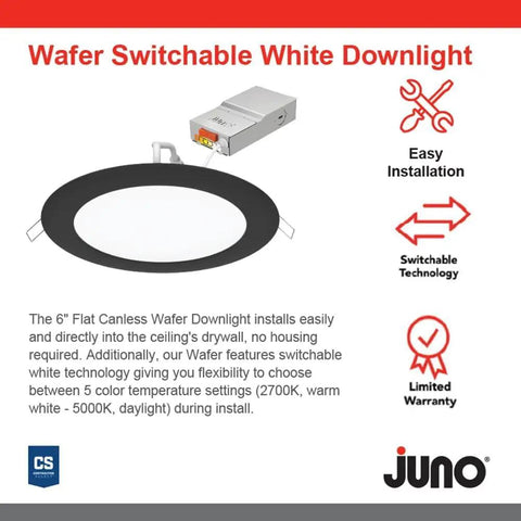 Image of 6-Inch Round LED Recessed Downlight Wafer With 5-In-1 Switchable Color Temperature, matte black trim, and remote driver box