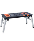 Heavy Duty Adjustable Work Bench And Rolling Tool Storage Cart With Four Locking Caster Wheels Transforms Into Sawhorse Scaffold And Hand Truck For Badass Shop Rigs with folding legs and orange accents.