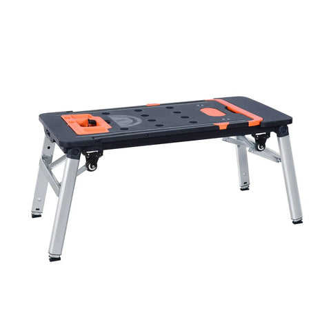 Heavy Duty Adjustable Work Bench And Rolling Tool Storage Cart With Four Locking Caster Wheels Transforms Into Sawhorse Scaffold And Hand Truck For Badass Shop Rigs with folding legs and orange accents.