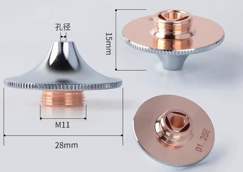 10Pcs D28 28mm Diameter High Speed Double Layer Laser Cutting Nozzle Set With Killer Prograde Purple Copper Construction And 1.8mm Orifice Fits Fiber Laser Cutting Heads For Fast Stable Cutting Performance And Heat Resistance, close-up view showing M11 thread and dimensions.