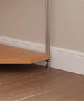 Corner view of Solid Wood Corner Shelf With Multiple Tiers showing sturdy stainless steel support against wall
