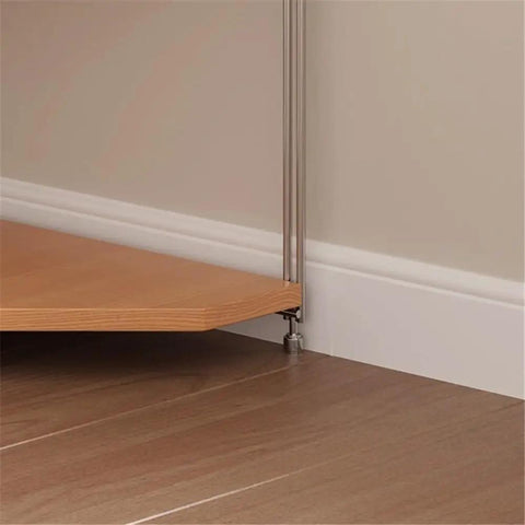 Corner view of Solid Wood Corner Shelf With Multiple Tiers showing sturdy stainless steel support against wall