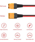 XT60 Extension Cable 10AWG 2Ft Male To Female Connector For RC Battery Portable Power Station And Solar Panel Low Resistance Tin Copper Wire Durable Build showing high conductivity and resistance features.
