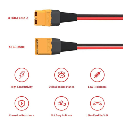 XT60 Extension Cable 10AWG 2Ft Male To Female Connector For RC Battery Portable Power Station And Solar Panel Low Resistance Tin Copper Wire Durable Build showing high conductivity and resistance features.