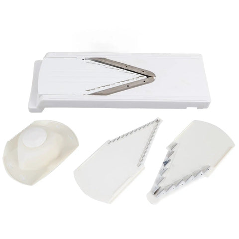 V Shape Mandoline Slicer For Quick Safe Veggie Slicing And Grating With Non Slip Base And Hand Guard, durable stainless steel blades shown