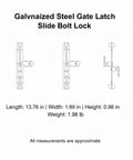 Galvanized Steel Gate Latch Slide Bolt Lock dimensions and details, 13.78 in length, rust proof for outdoor use.