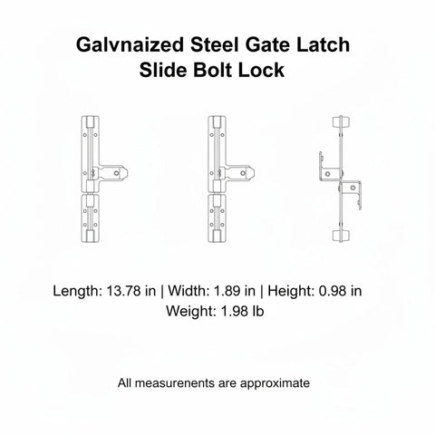 Galvanized Steel Gate Latch Slide Bolt Lock dimensions and details, 13.78 in length, rust proof for outdoor use.