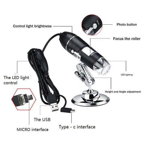 1600X Digital USB Microscope Camera 3 In 1 Portable Electronic Microscope For Soldering And LED Magnifier For Cell Phone Repair Dope Tool For PCB Inspections Coins Skin Hairs And DIY Projects, with stand and USB-C cable