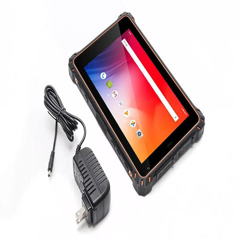 Tough As Nails 10.1 Inch Rugged Tablet Running Android 13 with charging adapter and cable, designed for outdoor use.