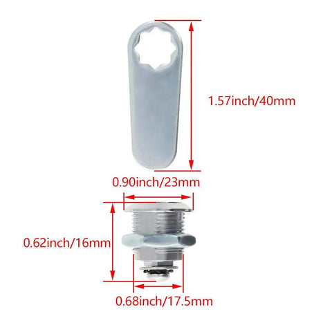 Rock Solid Cam Lock Kit For Drawers And Cabinets Includes Two Keys, zinc alloy cam lock dimensions shown for installation.