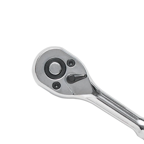 Close-up of chrome-plated ratchet from All In One Mechanic Tool Set With 1/4, 3/8, 1/2 Inch Drive Sockets, 450-Piece SAE And Metric Kit