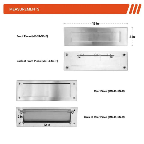 Measurement diagram of Stainless Steel Mailslot For Front Door 13 By 4 Inch Through Door Letter Plate Rustproof 304 Steel With Satin Finish