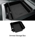 Sleek Center Console Armrest Organizer And Comfy Cushion Cover For Tesla Cybertruck 2024 Ride Upgrade With Non Slip Silicone Storage Tray showing a black silicone storage tray in console.