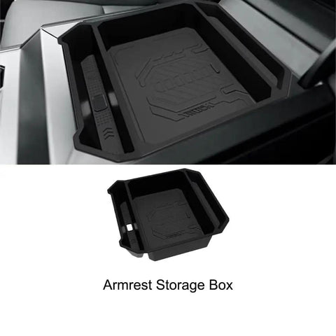 Sleek Center Console Armrest Organizer And Comfy Cushion Cover For Tesla Cybertruck 2024 Ride Upgrade With Non Slip Silicone Storage Tray showing a black silicone storage tray in console.