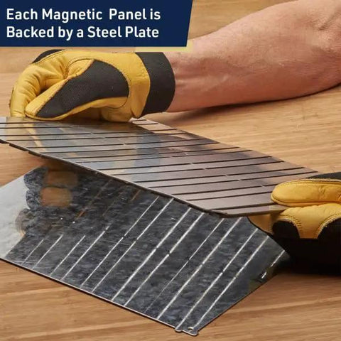 Magnetic Tool Holder 12x12 Inch panel with steel backing being held, showing durable construction for wall mount storage.