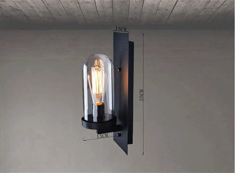 Premium Sleek Rustic Wall Sconce Lighting Fixture Featuring Solid Wood Base And Rustproof Wrought Iron Shade, side view measuring 35.5cm.