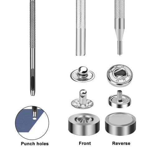 Top Shelf 50 Pair Leather Snap Fastener Kit 10Mm Silver Metal Snaps tools and components for leatherwork and denim repairs.
